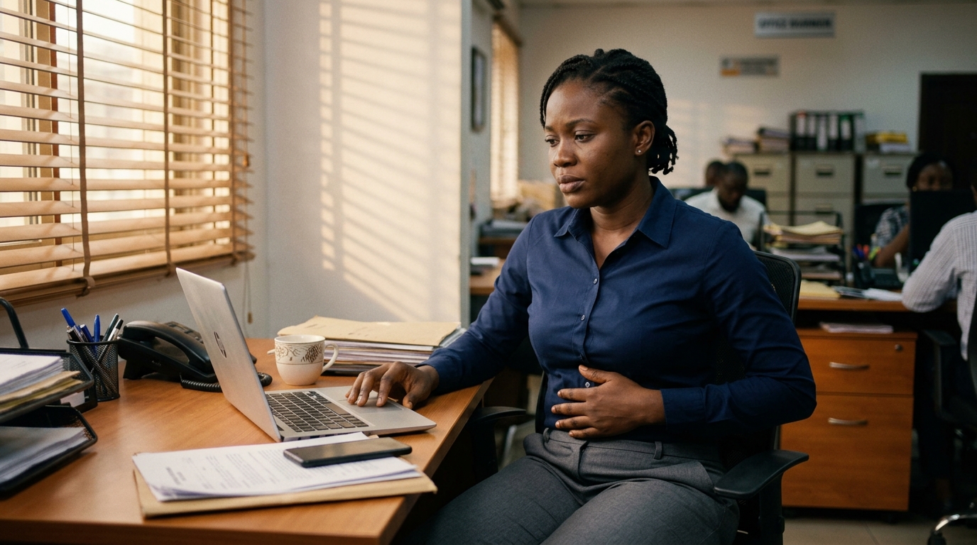 Nigerian woman at office desk pressing her belly in afternoon discomfort